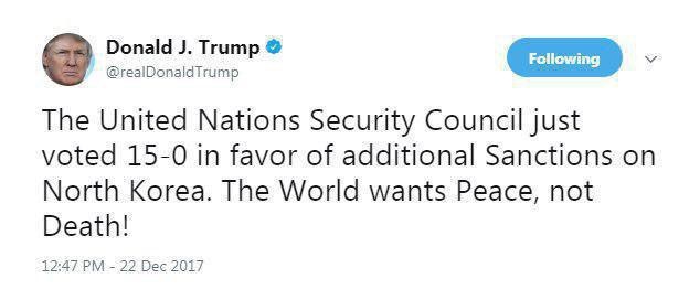 واکنش توئیتری ترامپ به تصویب تحریمهای جدید علیه کرهشمالی (عکس) واکنش توئیتری ترامپ به تصویب تحریمهای جدید علیه کرهشمالی (عکس)