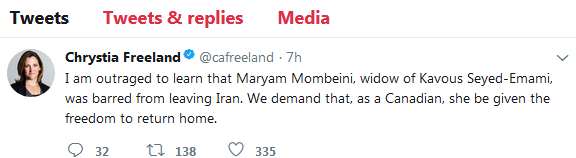 توییت وزیر خارجه کانادا درباره ممانعت از خروج همسر کاووس سید امامی از ایران (+عکس) توییت وزیر خارجه کانادا درباره ممانعت از خروج همسر کاووس سید امامی از ایران (+عکس)