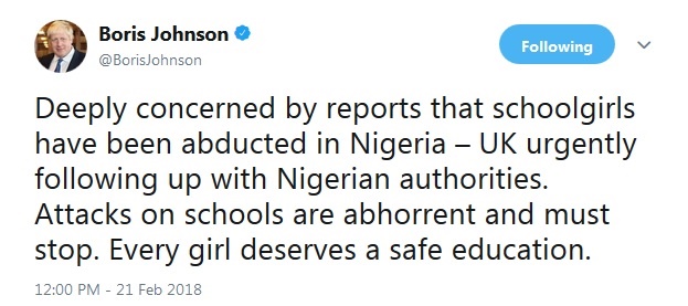 واکنش بوریسجانسون به ربوده شدن دانشآموزان توسط بوکوحرام (عکس) واکنش بوریسجانسون به ربوده شدن دانشآموزان توسط بوکوحرام (عکس)