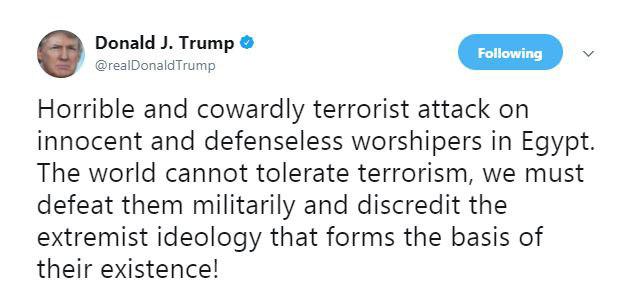ترامپ حمله تروریستی مصر را وحشتناک و بزدلانه خواند
