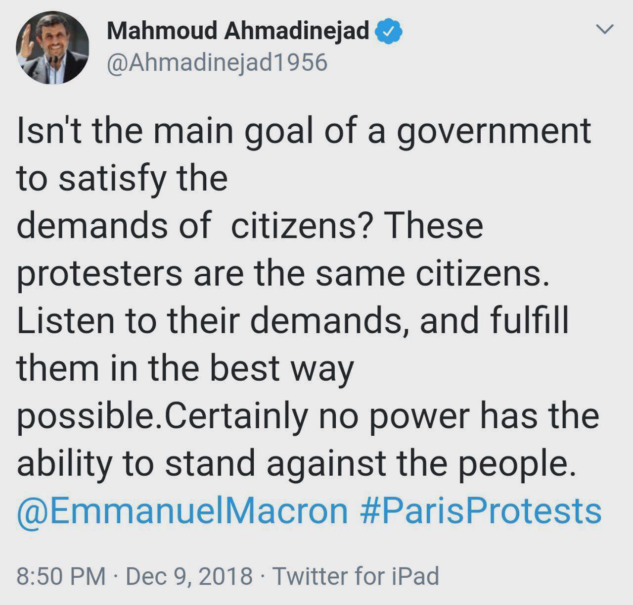 تذکر احمدینژاد به رئیس جمهور فرانسه: به حرف مردم گوش کن تذکر احمدینژاد به رئیس جمهور فرانسه: به حرف مردم گوش کن