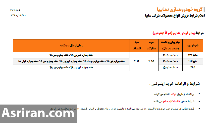 فروش جدید محصولات سایپا از فردا 22 آذر  (+جدول و جزئیات)