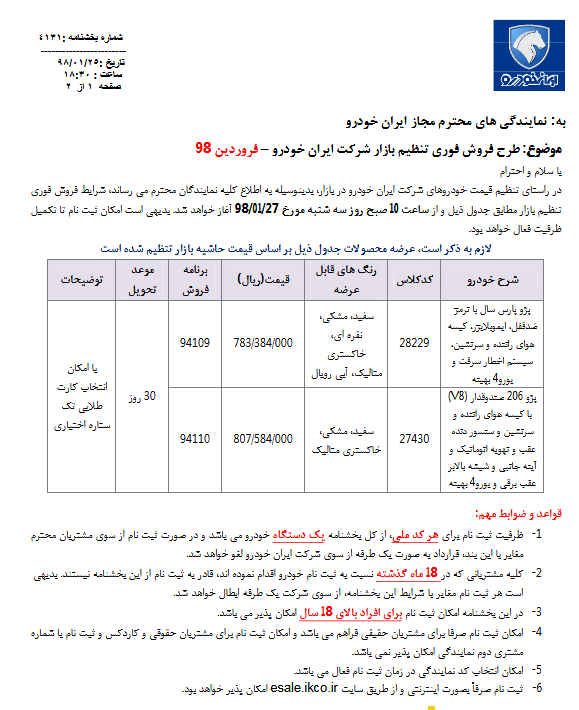 فروش فوری محصولات ایران خودرو در سال 98 از فردا 27 فروردین با عرضه 2 خودرو (+جدول فروش) فروش فوری محصولات ایران خودرو در سال 98 از فردا 27 فروردین با عرضه 2 خودرو (+جدول فروش)