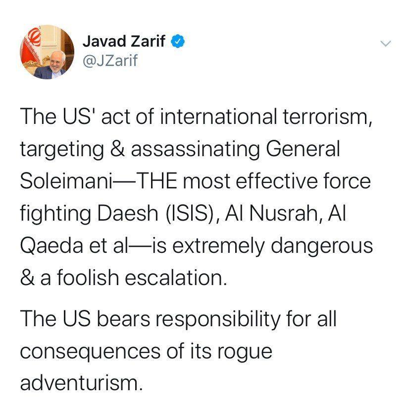 واکنش ظریف به ترور سردار قاسم سلیمانی توئیت ظریف