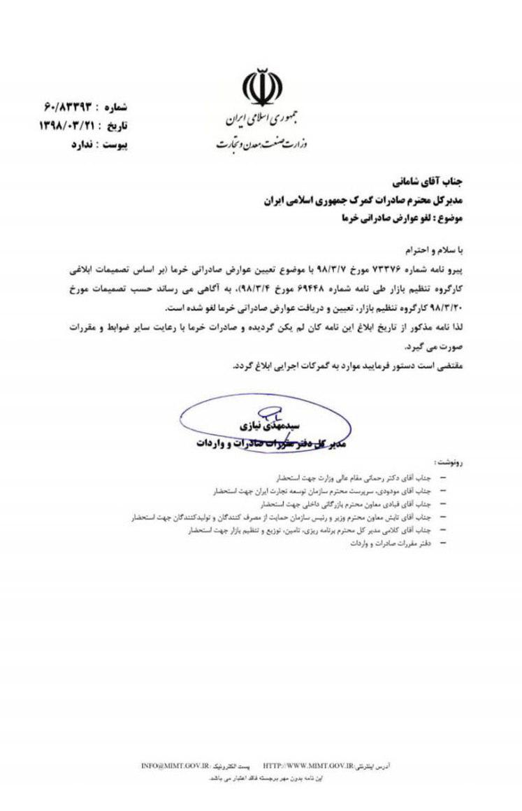 لغو عوارض صادراتی خرما پس از 14 روز