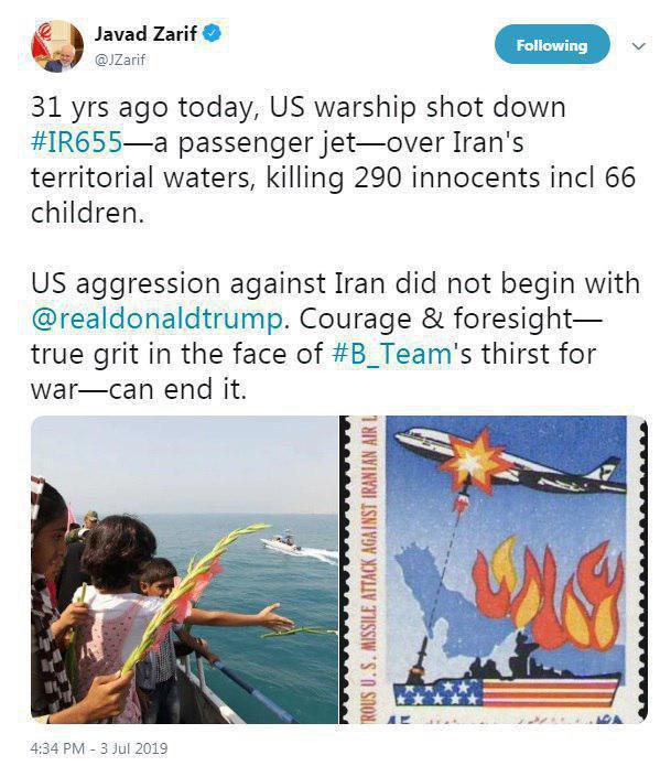 ظریف و اشاره حمله به پرواز 655 ایرانایر؛ ستیزهجوییهای آمریکا با آمدن ترامپ آغاز نشده است ظریف و اشاره حمله به پرواز 655 ایرانایر؛ ستیزهجوییهای آمریکا با آمدن ترامپ آغاز نشده است