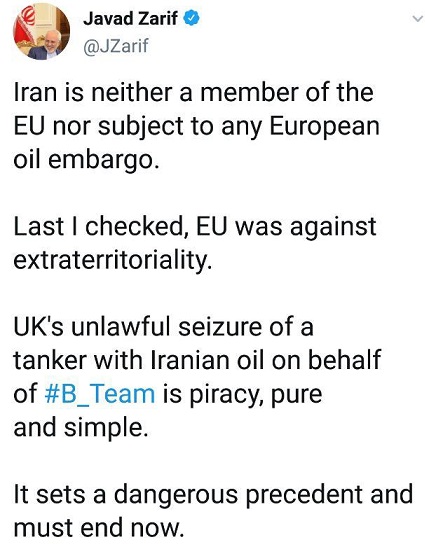 ظریف: اقدام انگلیس علیه نفت‌کش حامل نفت ایران دزدی دریایی است
