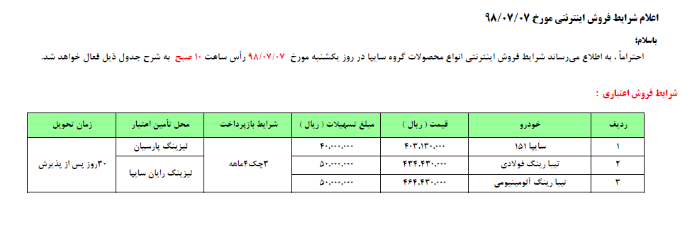 جدیدترین طرح فروش اقساطی محصولات سایپا ویژه  6 و 7 مهرماه 98 (+جدول) جدیدترین طرح فروش اقساطی محصولات سایپا ویژه  6 و 7 مهرماه 98 (+جدول)