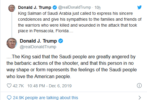 عذرخواهی تلفنی پادشاه سعودی از ترامپ به خاطر تیراندازی نظامی سعودی در آمریکا عذرخواهی تلفنی پادشاه سعودی از ترامپ به خاطر تیراندازی نظامی سعودی در آمریکا