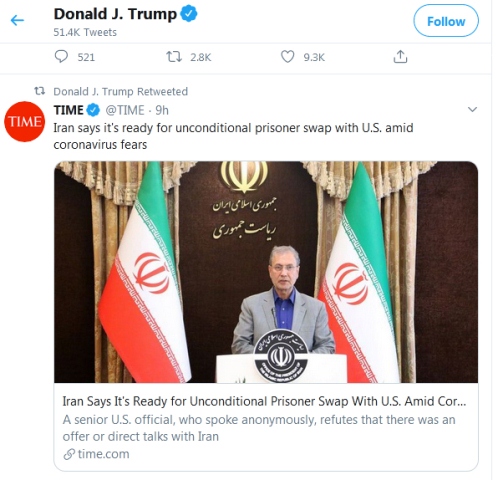 توییت ترامپ درباره مبادله زندانیان با ایران (+عکس) توییت ترامپ درباره مبادله زندانیان با ایران (+عکس)