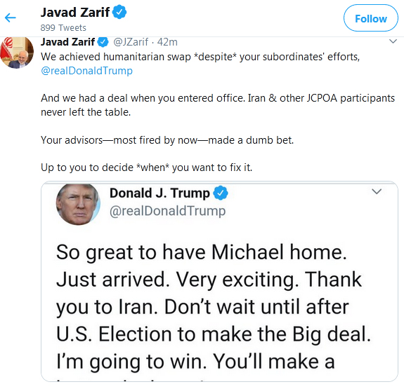 ترامپ: تشکر از ایران/ من در انتخابات برنده خواهم شد/ ایران صبر نکند از همین حالا  با من مذاکره کند+جواب ظریف ترامپ: تشکر از ایران/ من در انتخابات برنده خواهم شد/ ایران صبر نکند از همین حالا  با من مذاکره کند+جواب ظریف