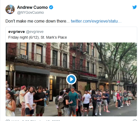 عصبانیت فرماندار نیویورک ازصف شلوغ مردم جلوی مِیخانهها: کاری نکنید مجبور شوم خودم به آنجا بیایم عصبانیت فرماندار نیویورک ازصف شلوغ مردم جلوی مِیخانهها: کاری نکنید مجبور شوم خودم به آنجا بیایم