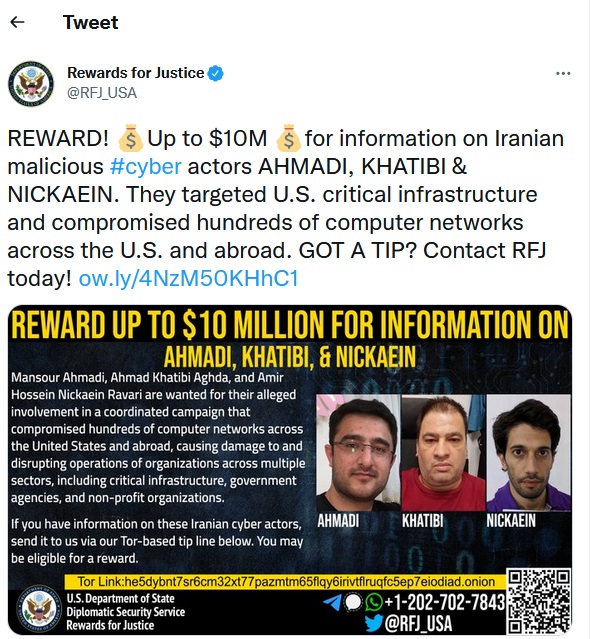 امریکا: جایزه 10 میلیون دلاری برای کمک به بازداشت 3 هکر ایرانی