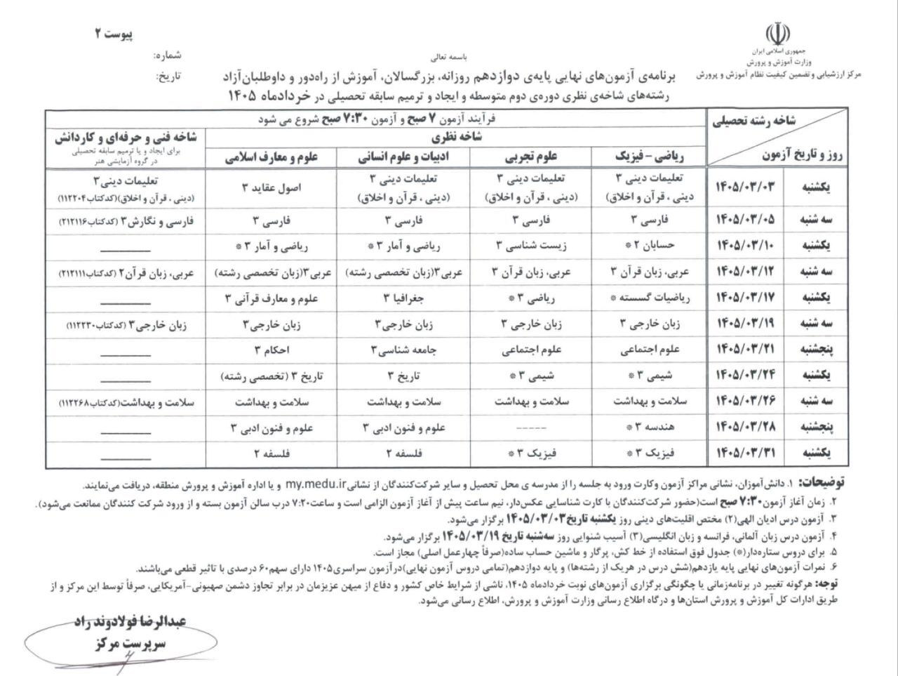 برنامه امتحانات نهایی مدارس در خرداد ۱۴۰۵ اعلام شد برنامه امتحانات نهایی مدارس در خرداد ۱۴۰۵ اعلام شد