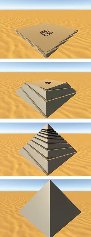 شبیهسازی رایانهای فرایند ساخت هرم توسط پژوهشگر اسپانیایی، دکتر ویسنته لوئیس روسیو. در هنگام چیدن هر لایه، برخی بخشهای لبه عمداً بدون سنگ باقی گذاشته میشوند و با شن، خاک یا تخته پوشانده میشوند تا رمپهایی برای جابهجایی بلوکها ایجاد شود. پس از قرار دادن بلوکها با استفاده از این رمپها، پوشاندن مسیرهای حملونقل در لبهها با خردهسنگها باعث شکلگیری هرم مربعی میشود شبیهسازی رایانهای فرایند ساخت هرم توسط پژوهشگر اسپانیایی، دکتر ویسنته لوئیس روسیو. در هنگام چیدن هر لایه، برخی بخشهای لبه عمداً بدون سنگ باقی گذاشته میشوند و با شن، خاک یا تخته پوشانده میشوند تا رمپهایی برای جابهجایی بلوکها ایجاد شود. پس از قرار دادن بلوکها با استفاده از این رمپها، پوشاندن مسیرهای حملونقل در لبهها با خردهسنگها باعث شکلگیری هرم مربعی میشود