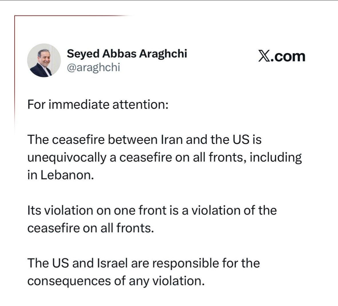 عراقچی: نقض آتش بس در یک جبهه، نقض آتش بس در تمام جبهههاست عراقچی: نقض آتش بس در یک جبهه، نقض آتش بس در تمام جبهههاست