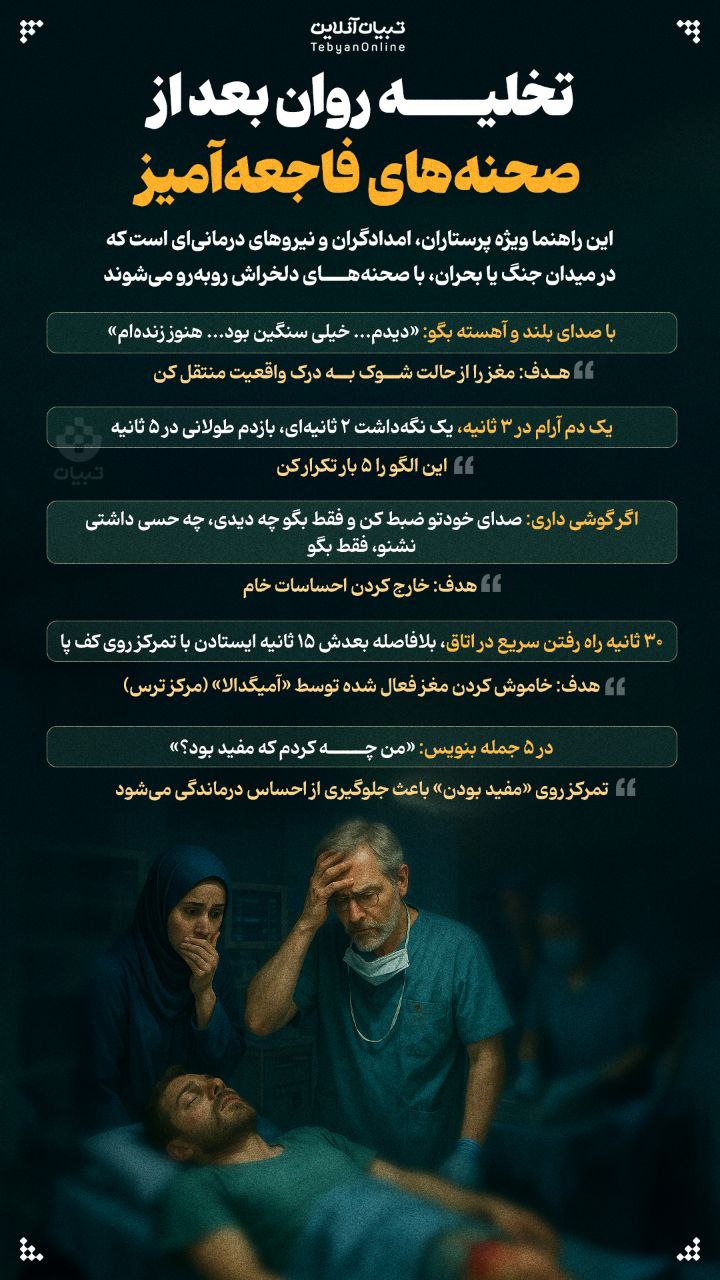 این راهنما ویژه پرستاران، امدادگران و نیروهای درمانی‌ای است که در میدان جنگ یا بحران، با صحنه‌های دلخراش روبه‌رو می‌شوند.