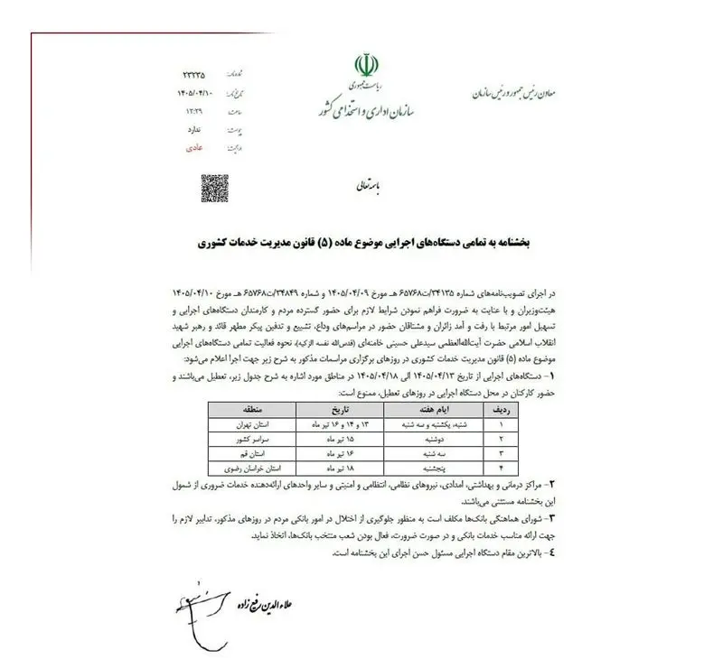 جزئیات تعطیلی هفته آینده از زبان سازمان اداری و استخدامی کشور جزئیات تعطیلی هفته آینده از زبان سازمان اداری و استخدامی کشور