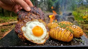 طرز تهیه استیک و تخم مرغ روی سنگ داغ با سیب زمینی سرخ کرده ترد