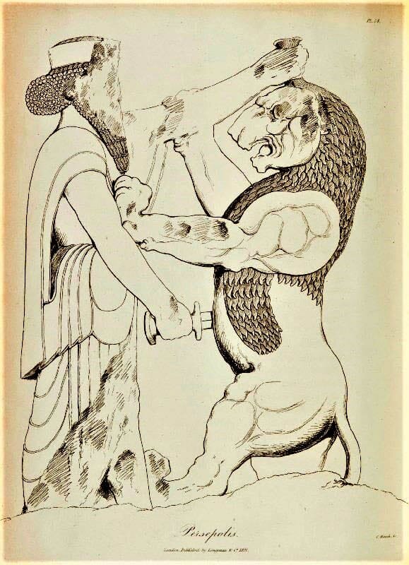 طرحی از نقشبرجسته تختجمشید که در آن داریوش بزرگ در حال مبارزه با یک کایمرا (موجود افسانهای) است؛ اثر سر رابرت کر پورتر، ۱۸۲۰، به نقل از آکادمی سلطنتی هنر، لندن طرحی از نقشبرجسته تختجمشید که در آن داریوش بزرگ در حال مبارزه با یک کایمرا (موجود افسانهای) است؛ اثر سر رابرت کر پورتر، ۱۸۲۰، به نقل از آکادمی سلطنتی هنر، لندن